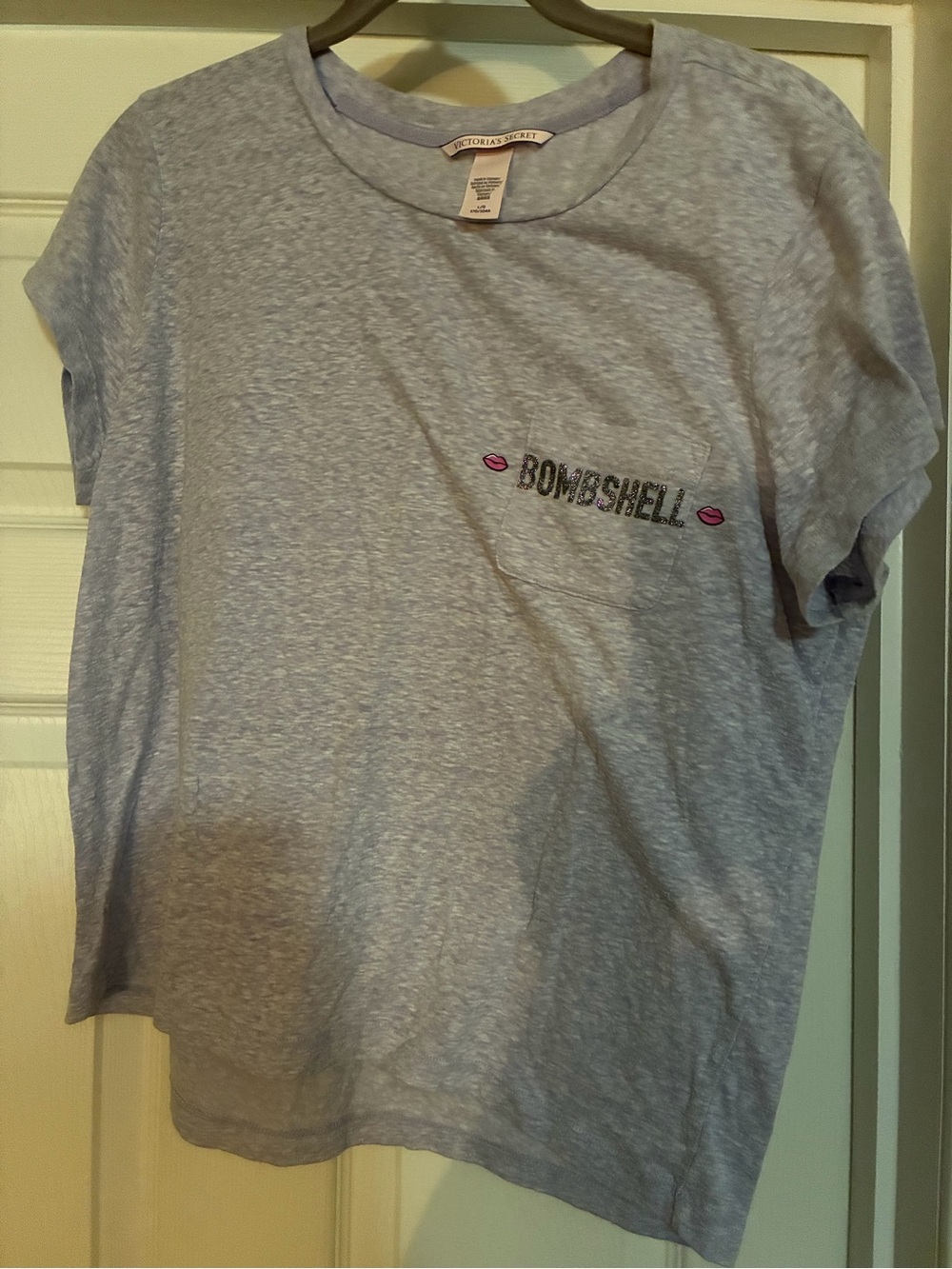 Victoria's Secret Light Gray 'Bombshell' Pocket Tee with Pink Lip Accents